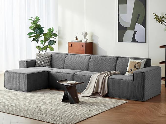 LINSY HOME Modular Sectional Sofa 134 Boneless Couch L Shaped 4-Seat Sofa with Movable Ottoman Corduroy Sectional Cloud Couches for Living Room No Assembly Required Bluish Grey