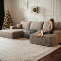 Oversized Corduroy Sectional Boneless Couch 108 W U Shaped Modular Sectional Sofa with Chaise/Ottoman No Assembly Required Compress Couches for Living Room (Camel 3 seater+Ottoman+Left Chaise)