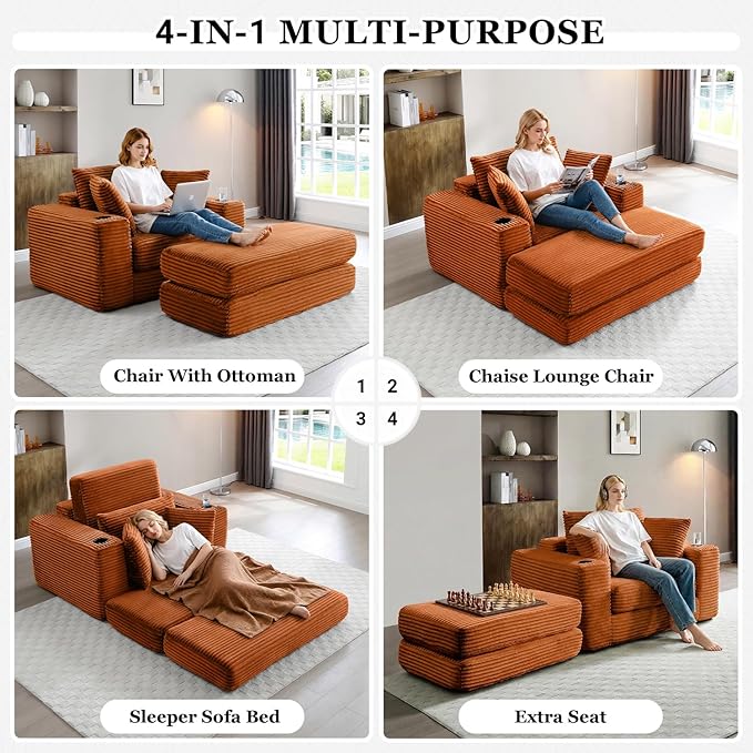 HANXIN 62 Chaise Lounge Chair Indoor Oversized Corduroy Boneless Convertible Chaise Lounge Couch Sleeper Chair with Ottoman Deep Seat Reading Chair No Assembly Required (Orange)