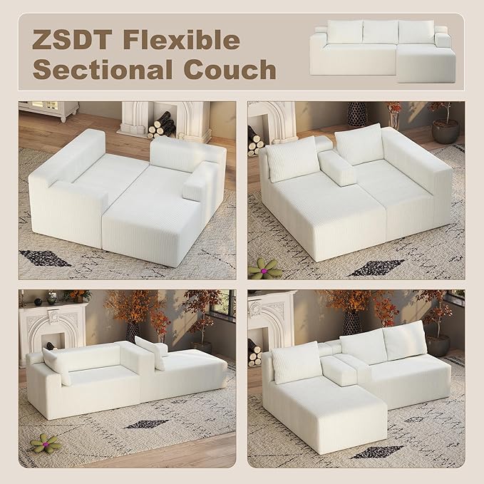 Boneless Couch with L Shaped Chaise Sectional Cloud Sofa with High Backrest Corduroy Memory Foam Couch No Assembly Cloud Couches for Living Room Apartment（White Right Facing Chaise）