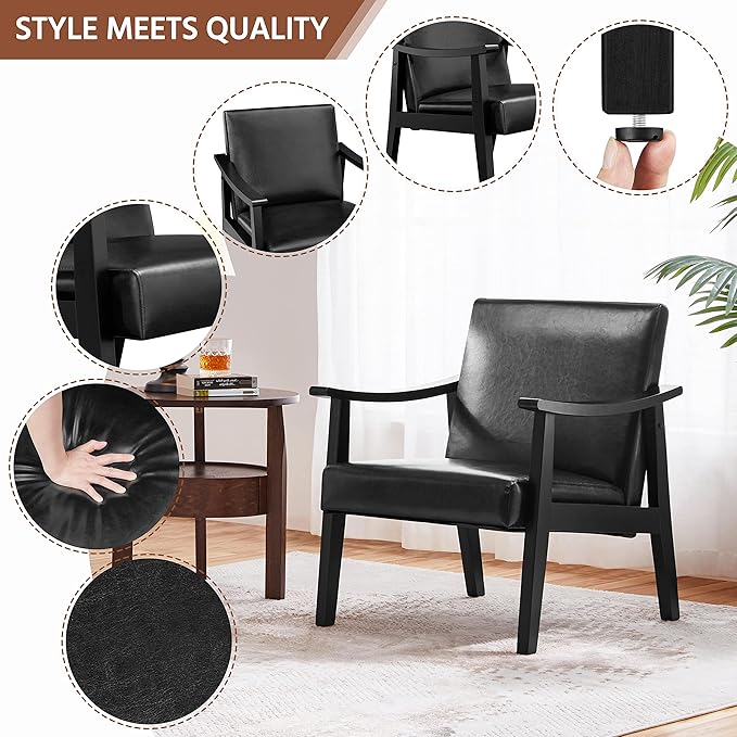 Yaheetech PU Leather Accent Chair Mid-Century Modern Armchair with Solid Wood Legs Reading Leisure Chair with High Back for Living Room Bedroom Waiting Room Black