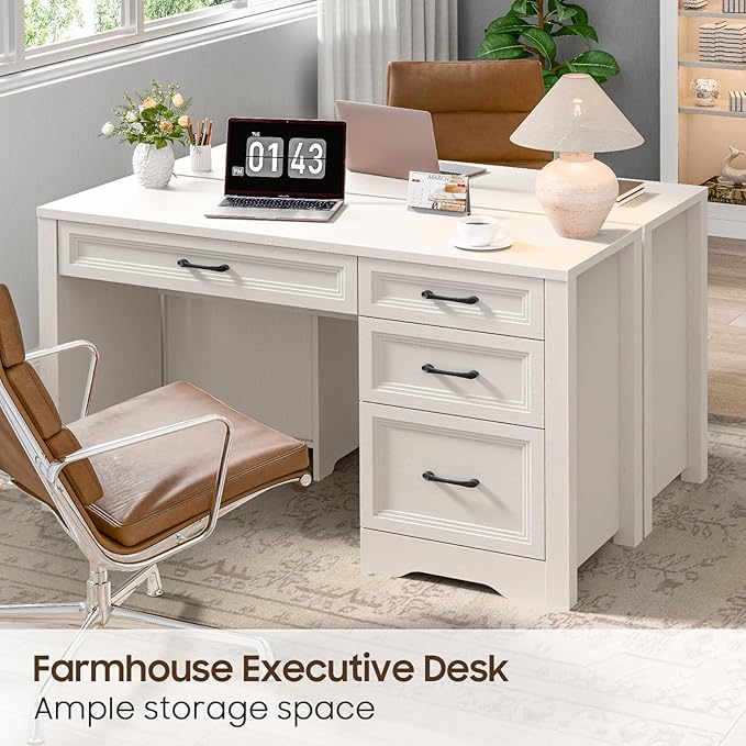 Vabches Farmhouse Executive Desk with Storage and Ample File Drawer Rustic Large Home Writing Desk for Bedroom Pure White