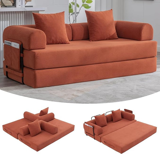 4‑in‑1 Convertible Sleeper Sofa Bed DIY Combination Floor Sofa Lounge Couch with Cylindrical Pillow Corduroy Futon Folding Mattress Couch for Apartment Bedroom Playroom Orange
