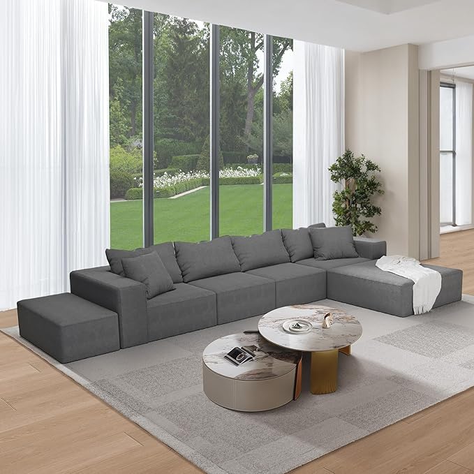 132 Modular Sectional Sofa Cloud Couch Sectional Modern Chenille Upholstered L-Shaped Sofa Set with 6 Pillows Deep Seat Comfy Couch for Living Room Free Combination No Assembly Required (Grey)