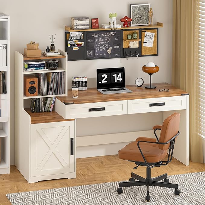 60'' Farmhouse Computer Desk with Drawers Home Office Desk with Bookcase Vanity Desk Writing Study Table with Storage Antique White