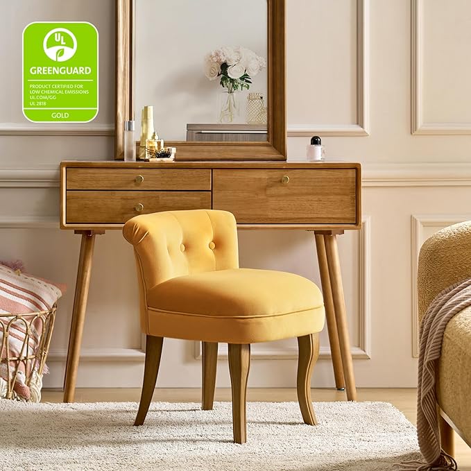 HULALA HOME Velvet Vanity Chairs with Low Back Modern Vanity Stool with Solid Wood Legs Small Upholstered Makeup Chair for Bedroom Living Room Dressing Women Girls Set of 2 Mustard
