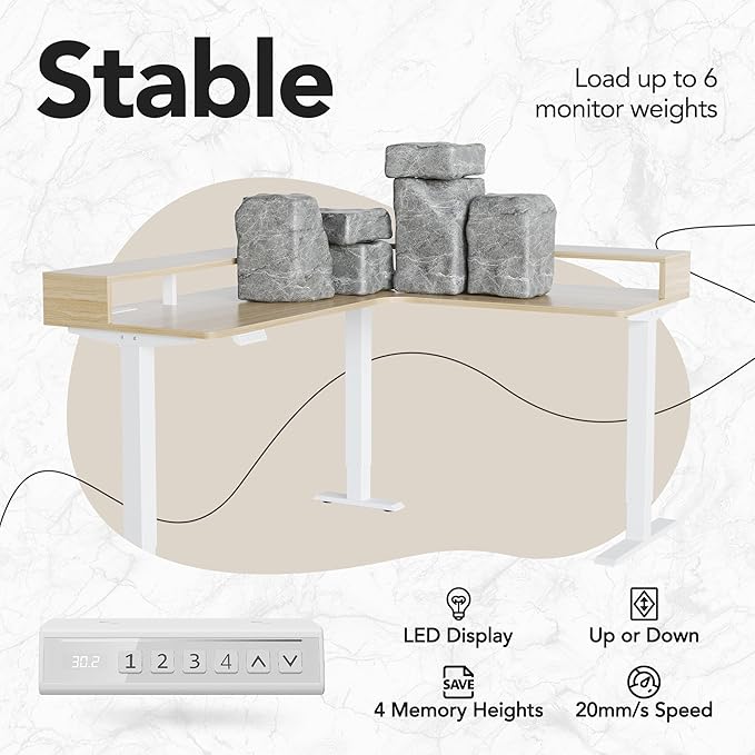 HUANUO U-Shape Standing Desk with LED Strip &amp Power Outrlets 2-Tier Height Adjustable Sit Stand up Gaming Desk with Power Strip Holder Large Computer Table for Home Office Light Walnut