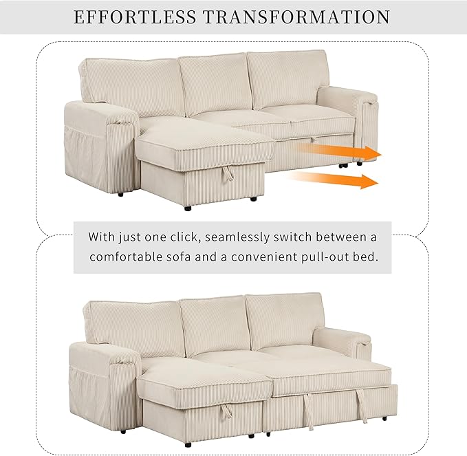 Sleeper Sofa 96 Corduroy 2-in-1 Pull Out Sofa Bed Convertible Sofa Bed Couch with Storage Chaise L Shaped Sofa with Hidden Cup Holders 3 Seater Sofa for Living Room Apartments Beige