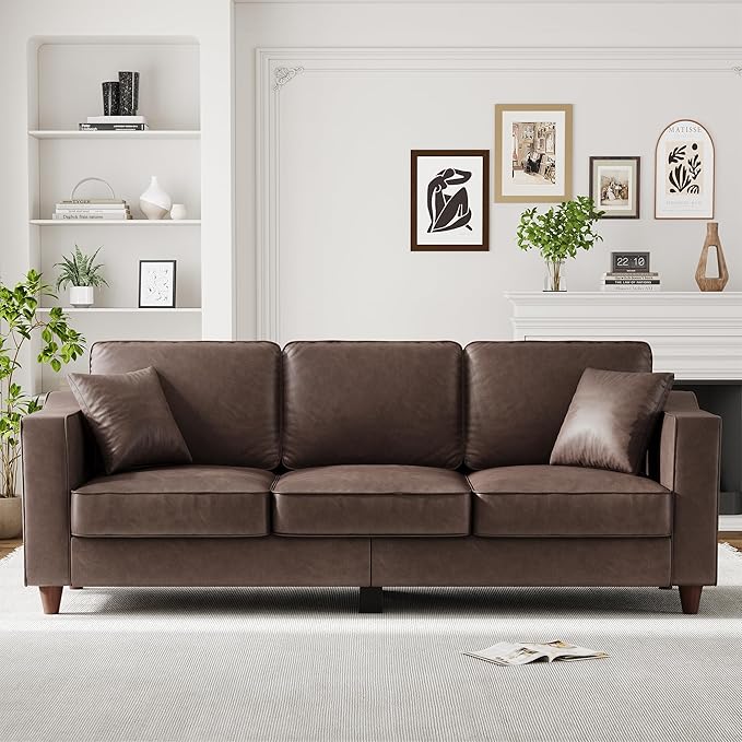 3-Seater Sofa Couch with 2 Throw Pillows 85 Inches Faux Leather Couch with Wide Armrests Deep Seats Wood Legs Back Cushion Sturdy Support Feet Couches for Living Room Office Dark Brown