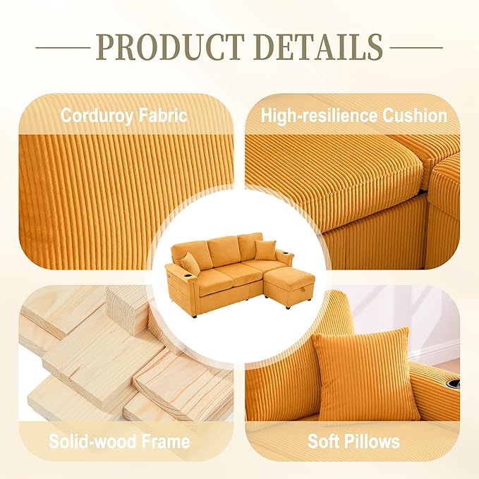 L Shaped Sectional Sofa with Storage &amp Movable Ottoman 76 Corduroy 3 Seater Sectional Couch with USB Charging Cup Holder &amp LED Light Couches for Living Room Mustard Yellow