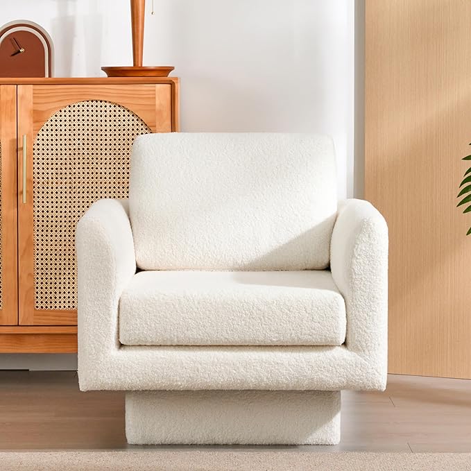 360° Swivel Modern Accent Chair 30 W Teddy Velvet Sherpa Fabric Armchair Thick Padded Upholstered Barrel Chair Comfy Lounge Sofa Reading Club Chair for Living Room Bedroom Nursery (Cream)