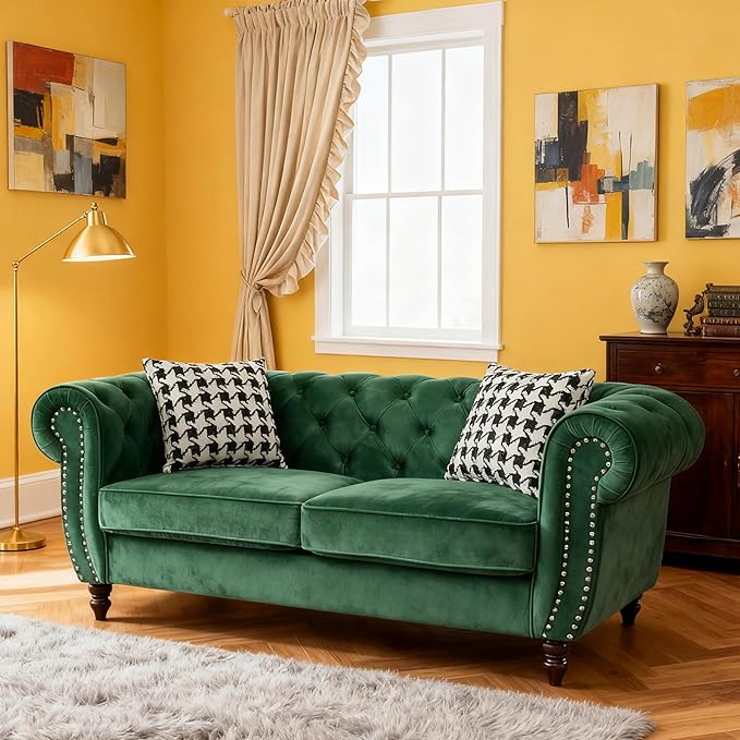 Loveseat Velvet Fabric Two- Seater Couch Buckle Design and Rivet Decoration Deep Seated Double Sofa Suitable for Living Room Bedroom Apartment Hotel etc (blue-02)