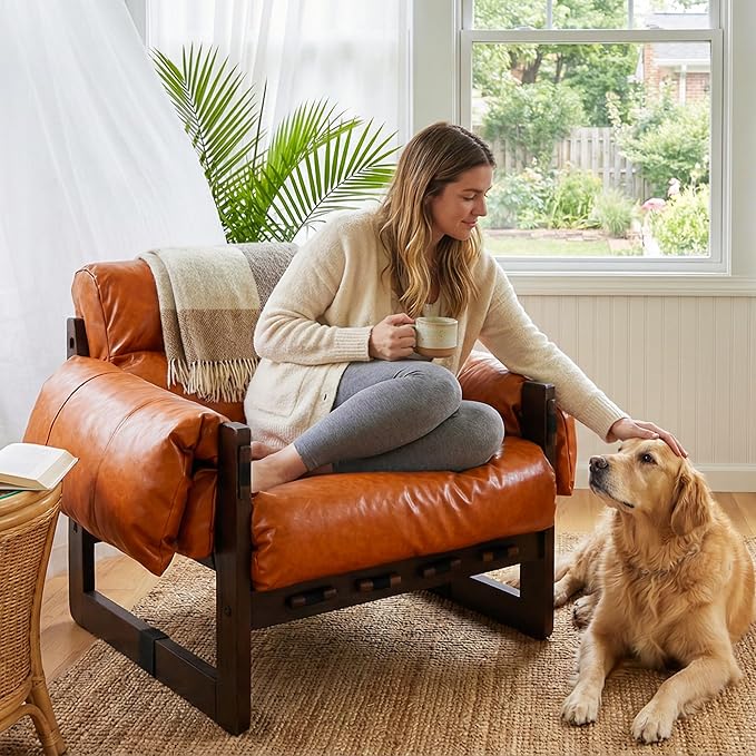 Mid Century Modern Accent Chair Leather Reading Chair with Solid Wood Frame and Removable Padded Armrests Upholstered Armchair for Living Room Balcony Lounge Reading Room Retro Orange