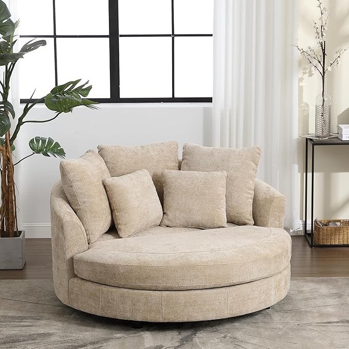 Chifee &amp Vingol 59.8 W Oversized Accent Barrel Chair Large Round Chair with WheelsWheat