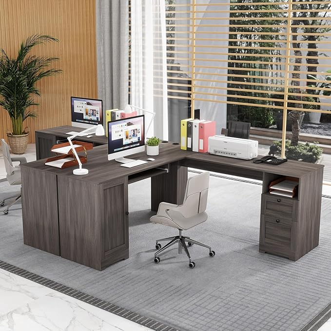 Tangkula 66” x 66” L-Shaped Office Desk with Power Outlets Modern Home Office Computer Desk with 2 Drawers Cabinet Adjustable Shelf &amp Keyboard Tray Corner Executive Desk for Working Writing