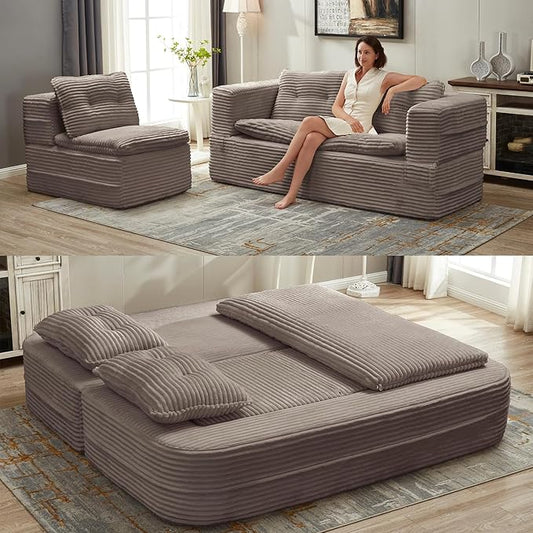 Convertible Sleeper Sofa Bed with Chaise Lounge Set80 King Folding Mattress Cloud Floor Loveseat CouchCorduroy Boneless Sectional Couch for Living Room Bedroom ApartmentCoffee