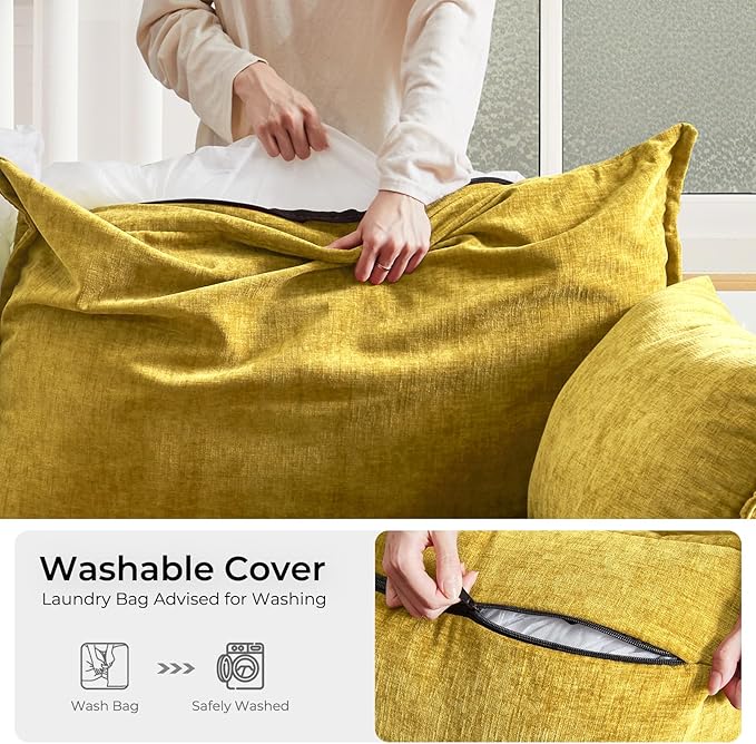 ABCASA Oversized Accent Chair Set of 2 Upholstered Modern Living Room Chair 24.5 Deep Seat Reading Chair Yellow Mid-Century Pet-Friendly Removable Backrest Cover Comfy Chenille Bedroom Armchair