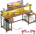 55 Inch Computer Desk with DrawerOffice Desk with Printer Storage Shelves &amp File CabinetGaming Desk with LED &amp Power OutletStudy Table with Monitor Shelf for Home Office Dorm BedRoom Rustic