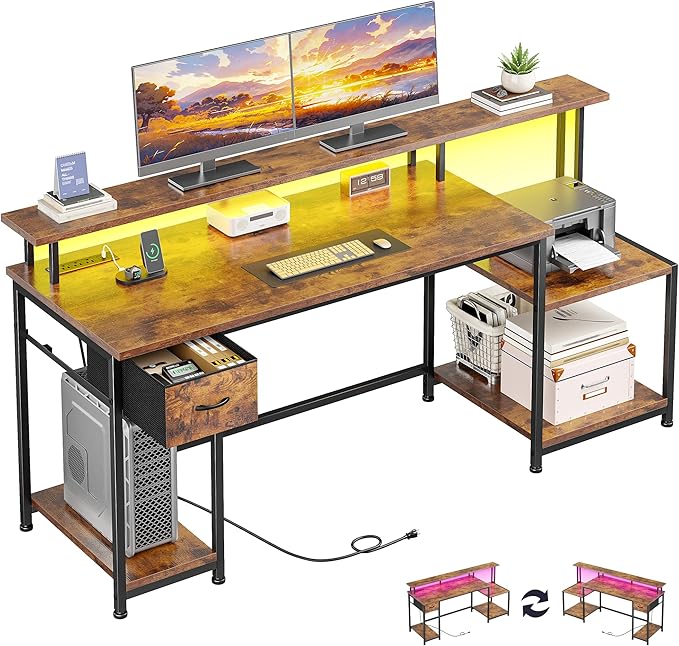 55 Inch Computer Desk with DrawerOffice Desk with Printer Storage Shelves &amp File CabinetGaming Desk with LED &amp Power OutletStudy Table with Monitor Shelf for Home Office Dorm BedRoom Rustic