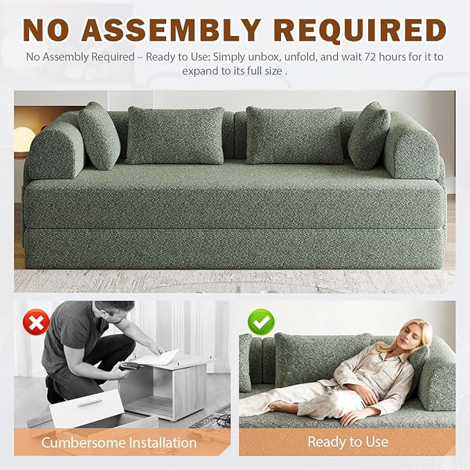 78.7 Chenille 4-in-1 Folding Convertible Sofa Bed Boneless Couches with 4 Pillows &amp Convenient Side Pockets Comfy Foldable Compressed Sofa in Box Floor Sofa Lounge Couch for Living Room(Green)