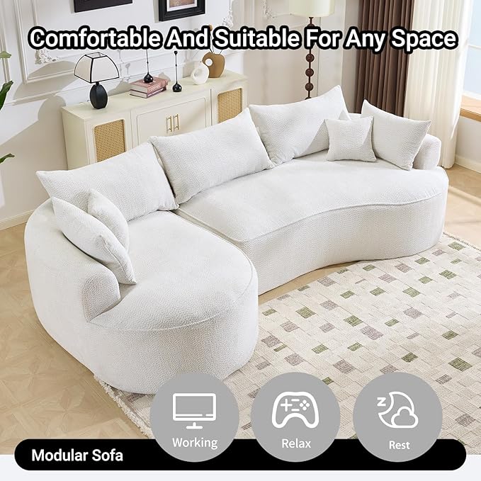 126.4 Oversized L-Shaped Boneless Sofa Deep Seat Sectional Couch with Curved Seat Design and 7 Pillows No-Assembly Chenille Sofa for Living Room Heavy-Duty Support（White）