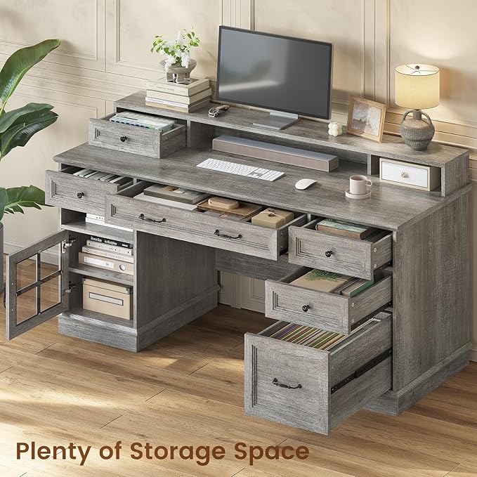 Farmhouse Executive Desk with Drawers Computer Desk with File Drawers Power Outlet and Led Lights Executive Office Desk with Storage Cabinet and Monitor Shelf for Home Office Grey