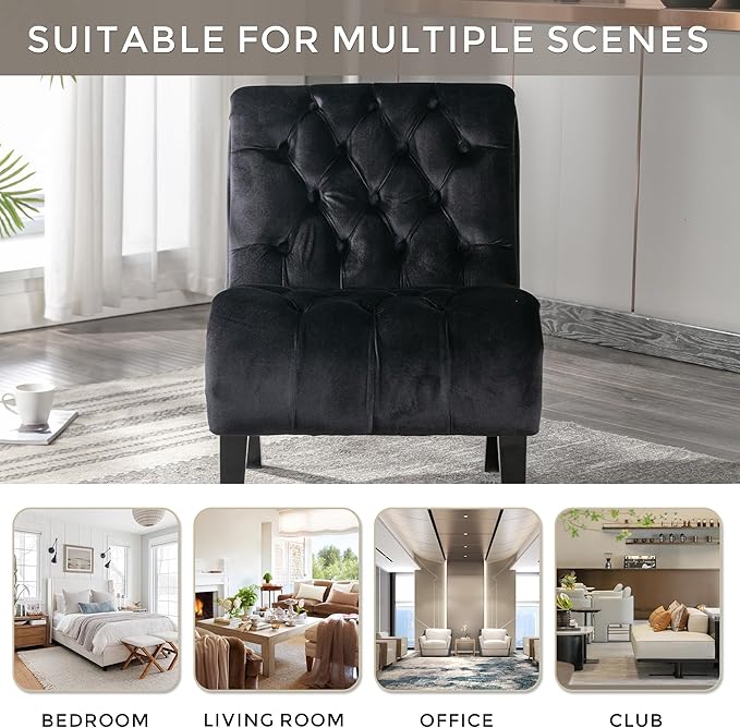 Modern Velvet Armless Accent Living Room Chair/Leisure ChairUpholstered Fabric Button Comfortable Chair with Wooden Legs for Bedroom Living Room Office (Black Velvet)