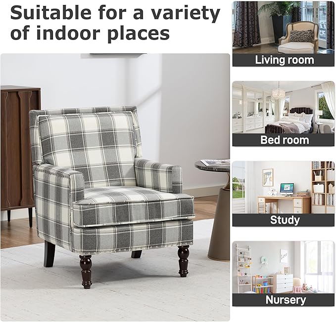 Accent Chair Plaid Modern Comfy Mid-Century Accent Chairs Upholstered Lounge Arm Chair with Solid Wood Frame for Living Room/Bedroom-Gray Plaid