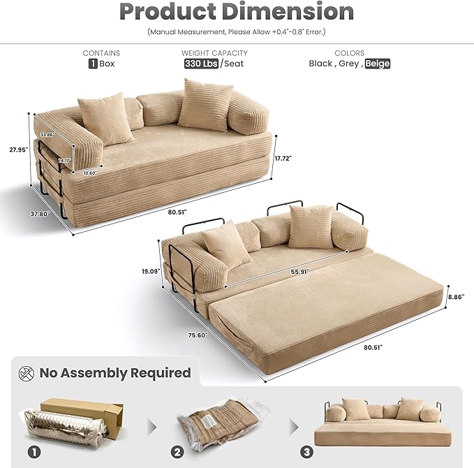 ovios 81 Folding Sofa Bed Foldable Sleeper Boneless Couch with Pull Out Beds Modular Convertible Floor Futon Loveseat Lounger for Living Room (Corduroy Beige)
