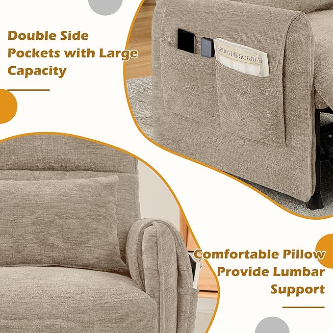 Power Recliner Chair Small Recliners for Small Spaces Electric Recliner Chairs for Adults with Remote Pillow and Side Pockets Reclining Chair with Memory Function Living Room Chenille