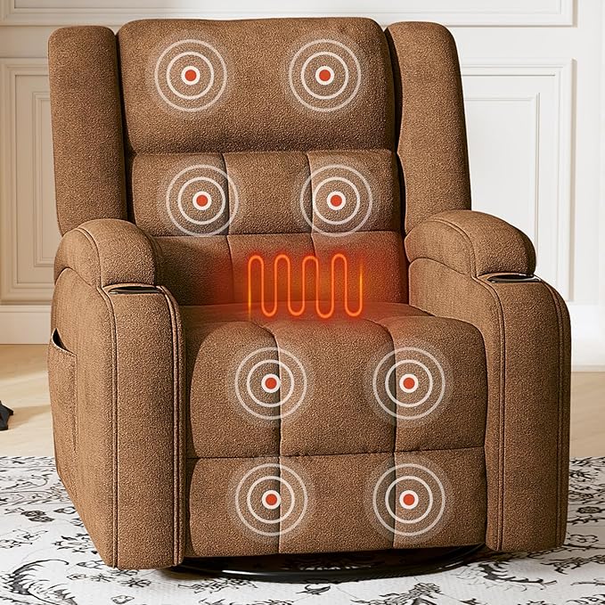 Furnimart 360° Swivel Rocker Recliner with Heat and Massage Manual Comfy Recliner Chair for Adult Chenille Glider Rocker Chaise Lounge for Living Room Bedroom Home Theater (Brown)