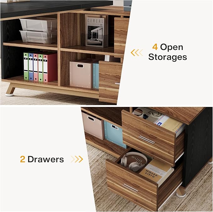 Tribesigns 78.7-Inch Executive Desk L-Shaped Desk with 55-Inch Cabinet Large Office Desk with Storage Shelves Modern Computer Desk for Home Office Black &amp Walnut