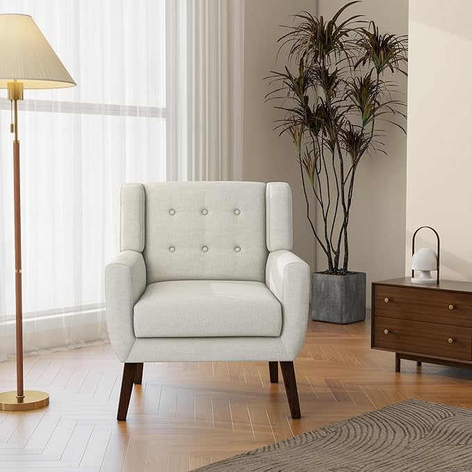 Accent Chair Mid-Century Modern Fabric Chairs with Arms for Living Room Comfy Upholstered Club Single Sofa Armchair for Bedroom Waiting Room with Solid Wood Frame