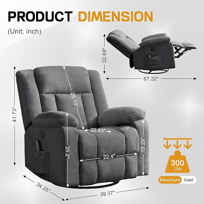 Rocker Recliner Glider Recliner Chairs for Adults 360° Swivel Rocking Chair with Massage and Heating Nursery Chair with Storage and USB Charging for Living Room Nursery Bedroom