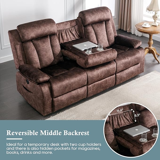 Power Reclining Sofa – 3 Seater Reclining Couch with Massage &amp Heat Drop-Down Table USB &amp Type-C Charging Ports Cup Holders Dutch VelvetPower Sofa for RVMedia Room &amp Living Room