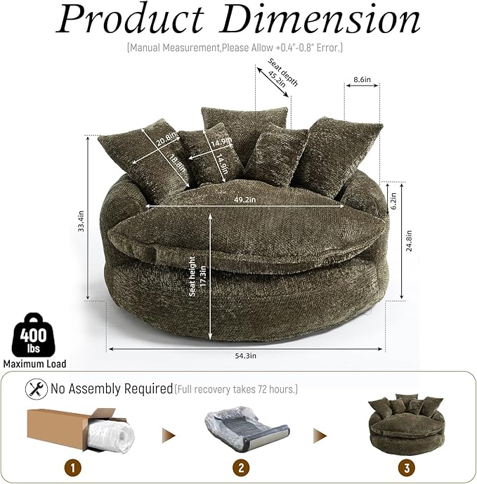 54 Oversized Round Chair Couch Lounge Chaise Indoor Comfy Boneless Sofa for Living Room Cloud Large Circle Couch Chair with 5 Pillows Fluffy Modern Sleeper Sofa Bed for Reading (Olive Green)