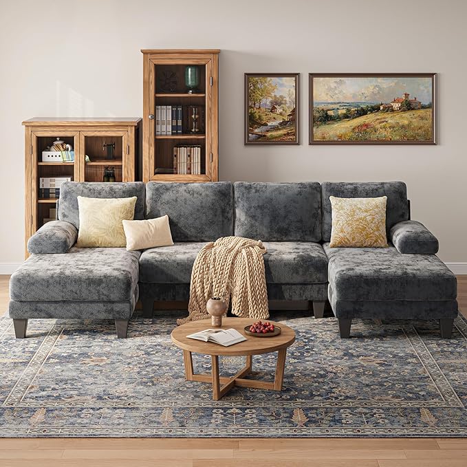 Sectional Couches for Living Room | 112 Inch U-Shaped Sectional Couch | 4 Seat Sofa Set with Double Chaise for Apartment | Dark Grey Chenille