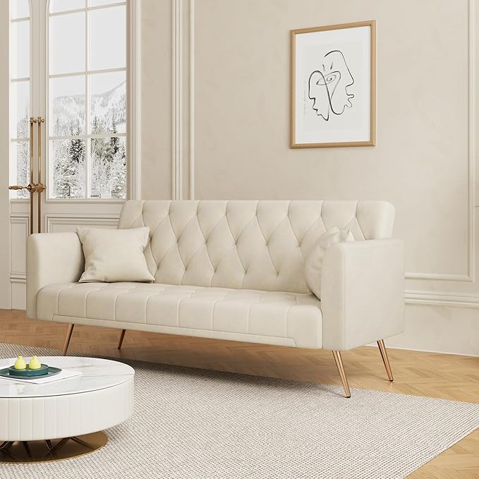 71 Futon Sofa Bed VelvetConvertible Sleeper Sofa CouchModern Folding Futonwith 3 Adjustable Backrests and 2 Pillowsfor Small Living Room Bedroom Office (Beige)