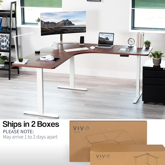 VIVO Electric Height Adjustable 71 x 71 inch Curved Corner Stand Up Desk Dark Walnut Table Top White Frame Memory Controller L-Shaped Workstation E3C Series DESK-KIT-E3CWD