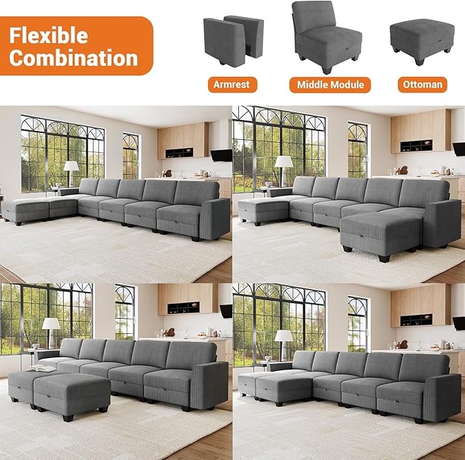 140 Large u Shaped Couch Oversized Modular Sectional Sofa with Storage Ottoman 7-Seater Comfy Combination Sofa Deep Seat Couches for Living Room Corduroy Grey