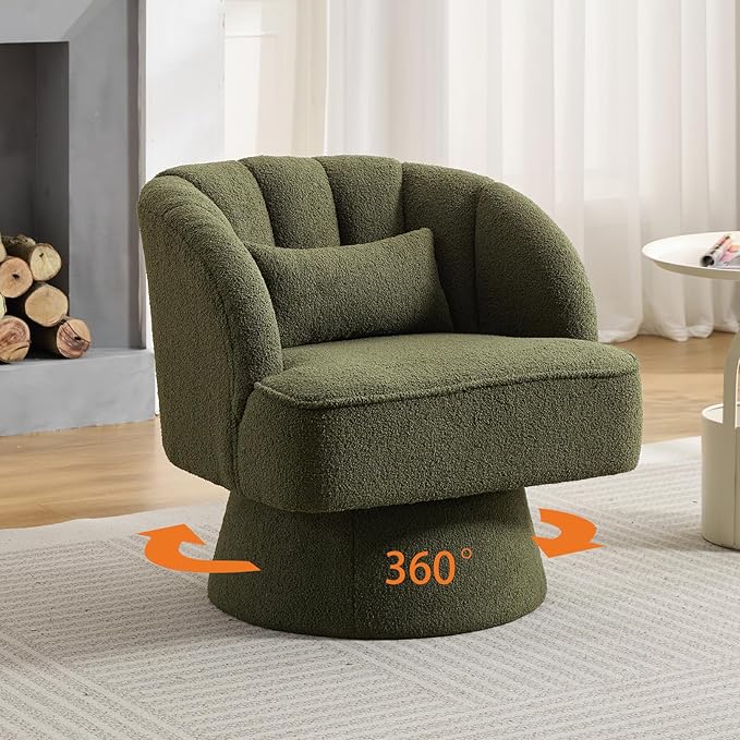 Mid Century Modern Swivel Barrel Chair - 360° Swivel Accent Chair with Plush Teddy Fleece Upholstery &amp Wide Cushioned Seat Round Lounge Sofa Chair for Living Room Bedroom Office (Green 2 PCS)