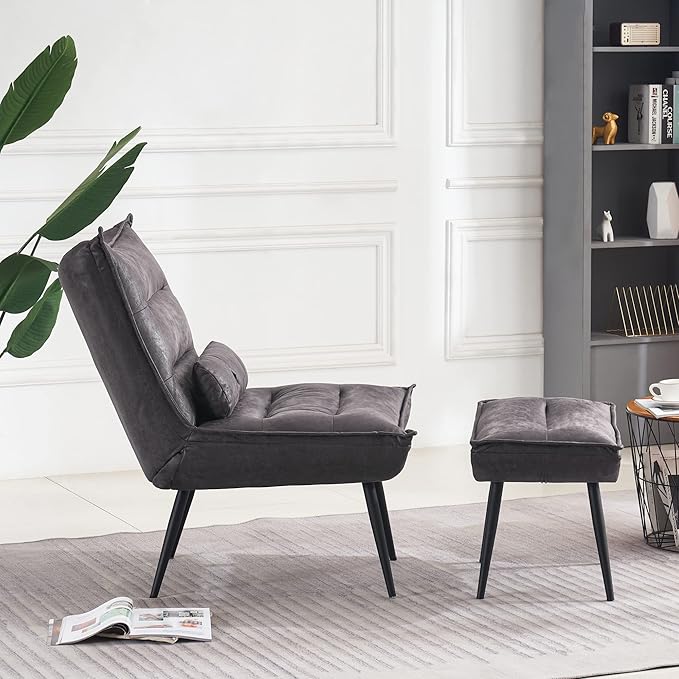 MCombo Wingback Accent Chair with Ottoman Modern Bronzing Fabric Upholstered Club Chair for Small Space Living Room 4400 (Dark Grey)