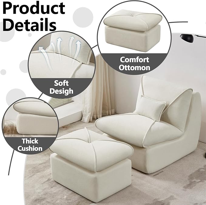 29” Oversized Lazy Sofa Chair and Ottoman Set Chaise Lounge Chair Indoor with Pillows Comfy Reading Couch for Adults Suitable for Living Room Small Spaces Memory Foam Chenille (Beige-1)
