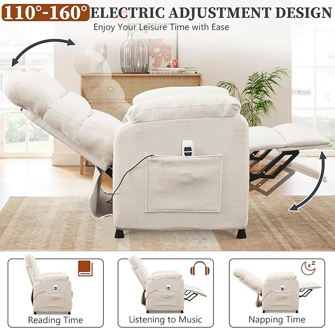 Electric Recliner Chair Power Recliner Sofa with Remote Adjustable Backrest and Side Pocket 7-Zone Support 350 LBS Soft Chenille Fabric Armchair for Living Room Bedroom Off White