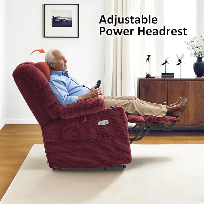 MCombo Triple Motor Power Lift Recliner Chair with Massage and Dual Heating Adjustable Headrest for Elderly People Fabric 7632 (Burgundy Medium)