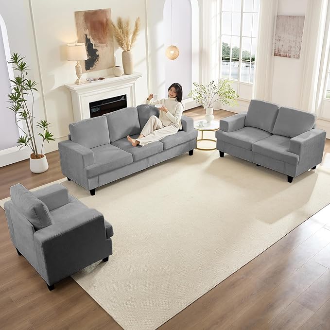 PUREMIND 3 Piece Living Room Sofa Set Chenille Upholstery 3 Seater Couch and Loveseat and Armchair Set Solid Wood Frame Modern Sectional Couches for Living Room Office Apartment