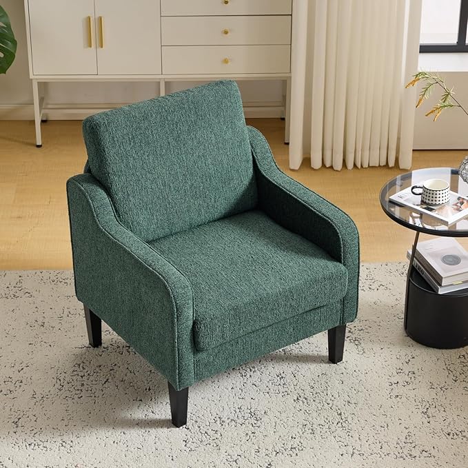 VINGLI Upholstered Chenille Accent Chair for Living Room Bedroom Mid-Century Modern Arm Chair Comfy Reading Chair with Scooped Arms (2 Dark Green)