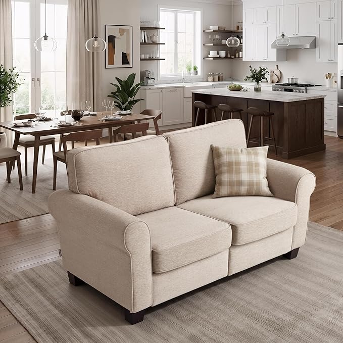 MCombo 67.7 Loveseat Sofa 2-Seater Small Couch for Small Spaces Classic Rolled Arm Upholstered Sofa with Solid Wood Legs for Living Room Removable Cover Chenille Fabric VE730 (Beige)