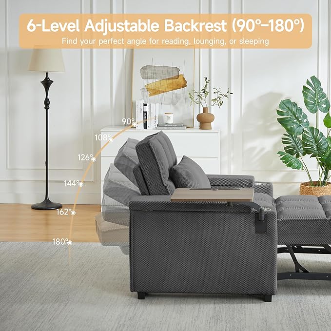 Large Size Convertible Sleeper Chair Futon Sofa Bed Comfortable thick cushion Single Sleeper Sofa Handheld storage and Adjustable Backrest | Reading Chair with Rotating small table (dark gray)