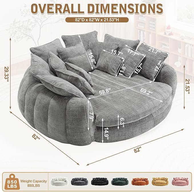 82'' Oversized Upholstered Sofa Bed Round Chaise Lounge Chair Indoor Modern Chenille Boneless Couch No Assembly Required Plush Sleeper Chair with 14 Pillows for Living Room Light Grey
